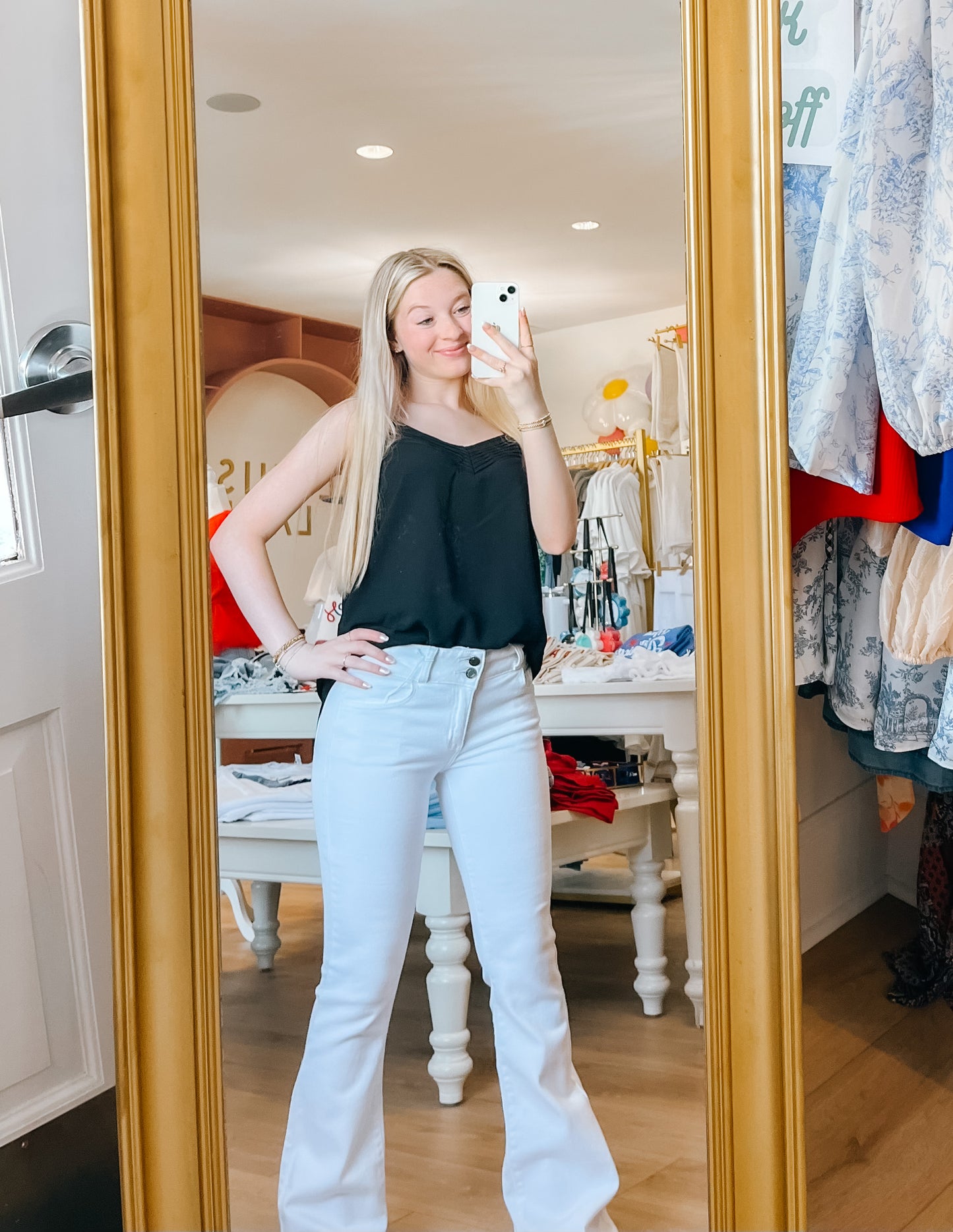 White Bell Bottom Mid Rise Flare