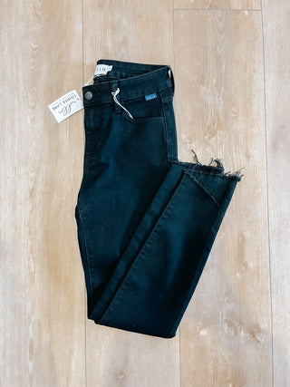 Mid Rise Black Slanted Fray Hem Crop Skinny