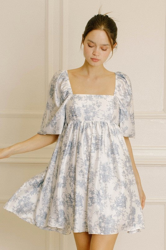 White and Blue Floral Babydoll Dress