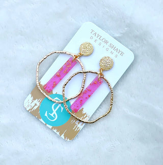 Colorful Gold Leaf Stick Hoops- Hot Pink
